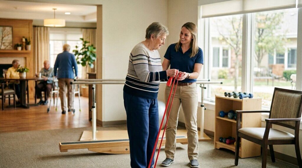 A physical therapist helps a resident with exercises in an assisted living community.