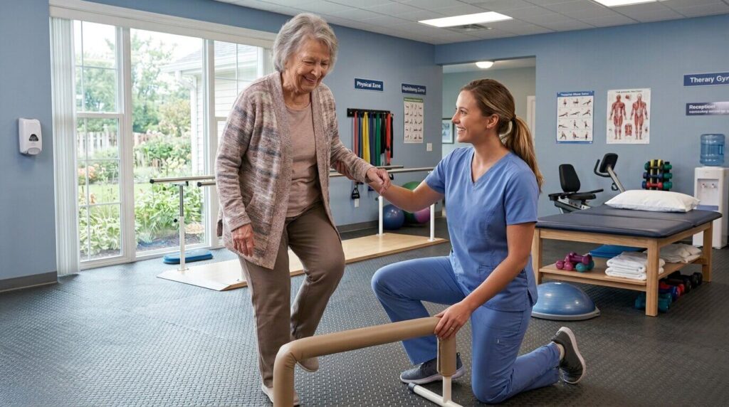 A physical therapist helps a resident with exercises in an assisted living community.