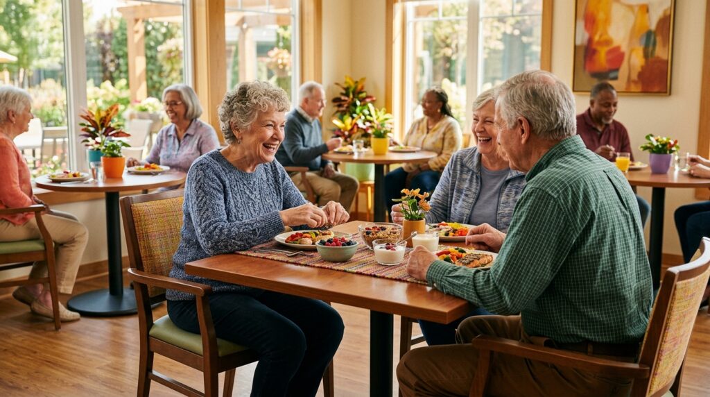 Seniors enjoying a meal in assisted living.