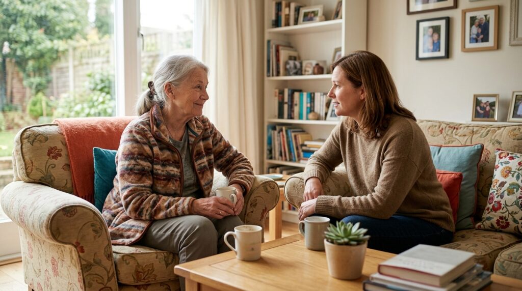 Adult and senior person having a warm, supportive conversation about senior living options at home.