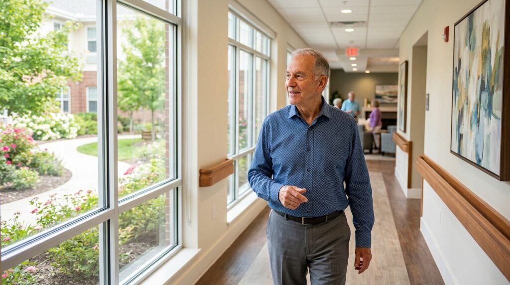 senior man walks down a bright hallway in an assisted living community