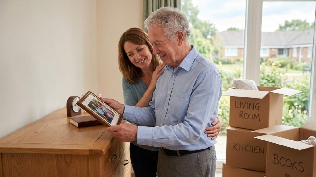 A family member helps a senior parent move into an assisted living community.
