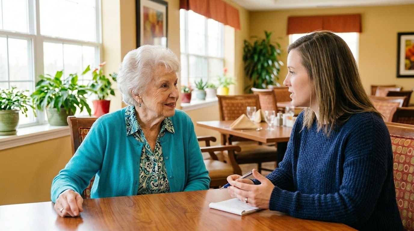 senior speaks to a young person at a table