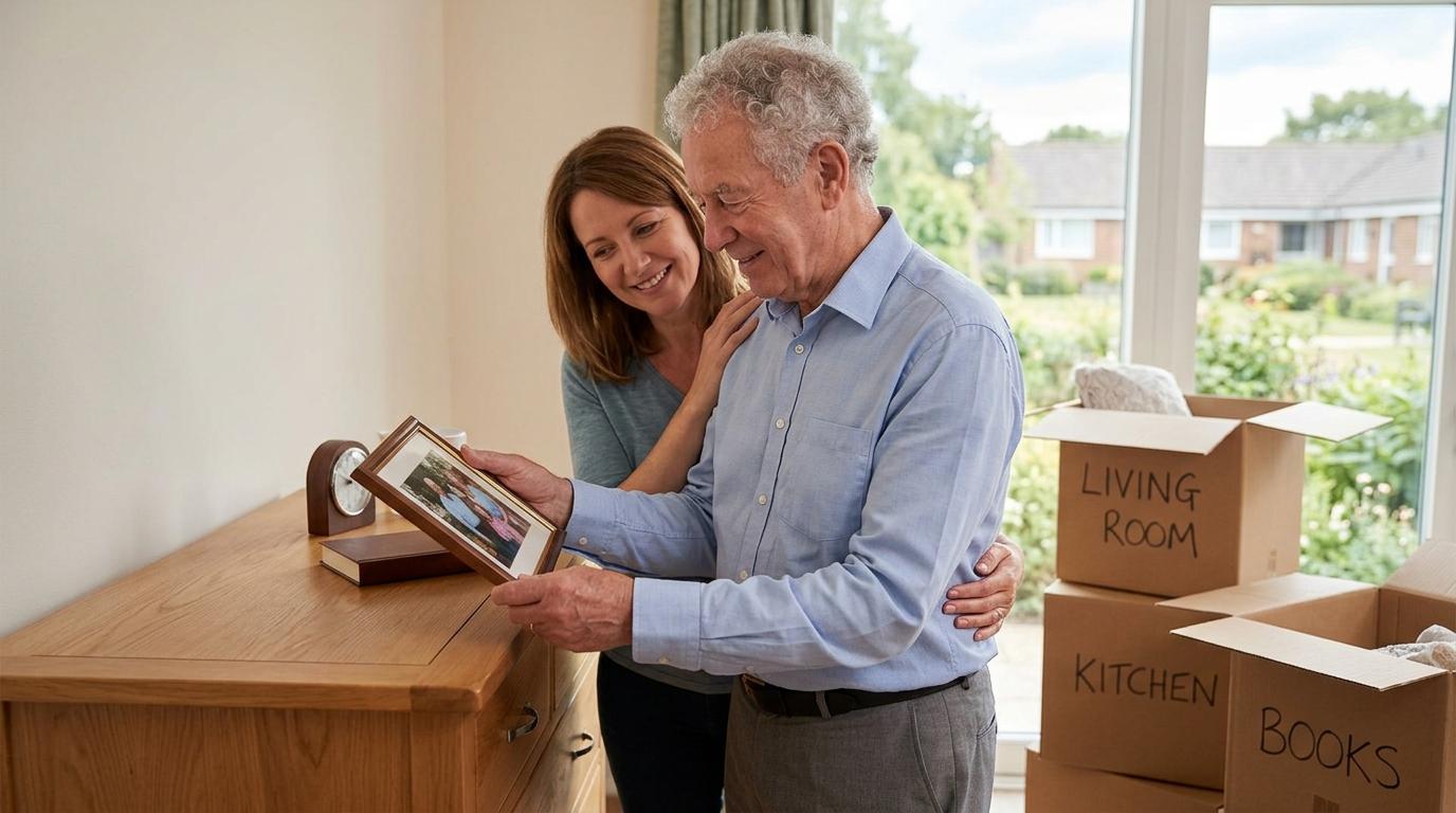 A family member helps a senior parent move into an assisted living community.
