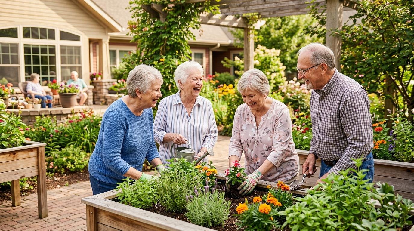 A group of smiling older adults enjoy daily life outside, gardening, at a welcoming assisted living community.