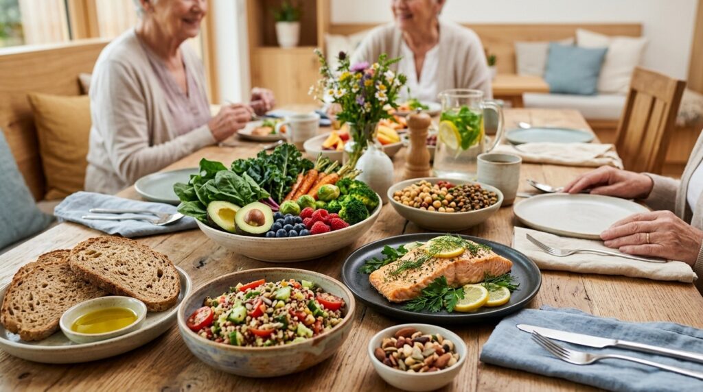 A table full of healthy food with older adults sitting around it.