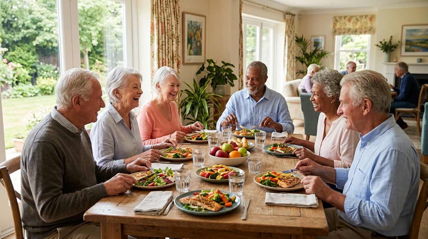 A group of seniors share a meal together at a bright dining table in a senior living community, smiling and engaged in conversation.