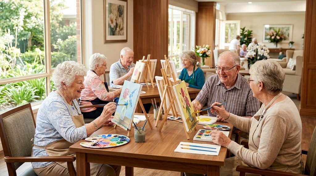 6 older adults smile and laugh while painting pictures of flowers together in an art class in their assisted living lounge.