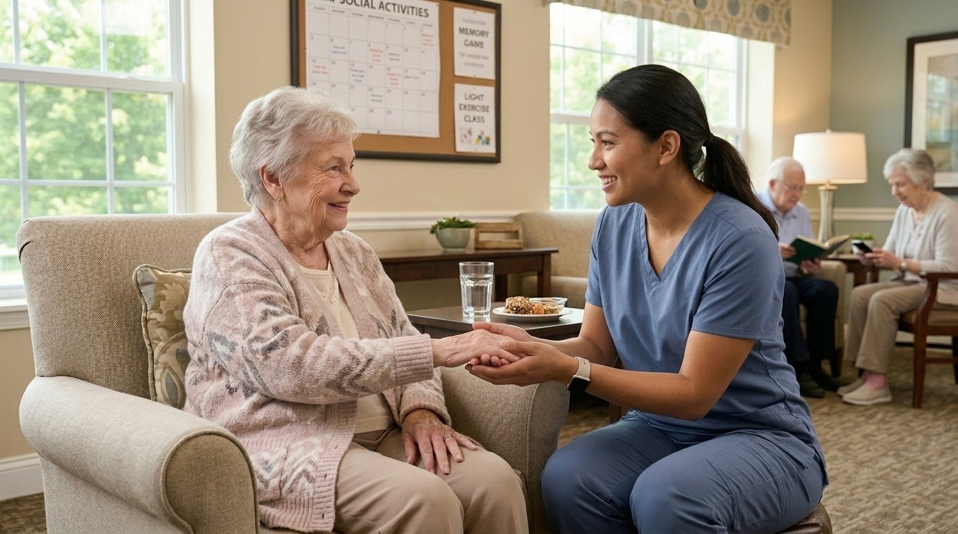 A caregiver gently kneels and takes the hand of a smiling seated resident in the common area of a senior living community.