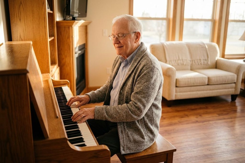 A senior in a grey cardigan smiles while playing an upright piano in a sunlit living room with a sofa fireplace.