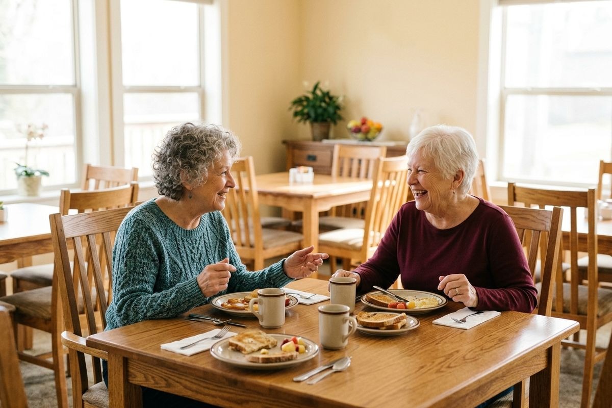 Two seniors laugh together over breakfast at a wooden dining table with plates of toast, eggs, fruit, and mugs in a sunlit room.